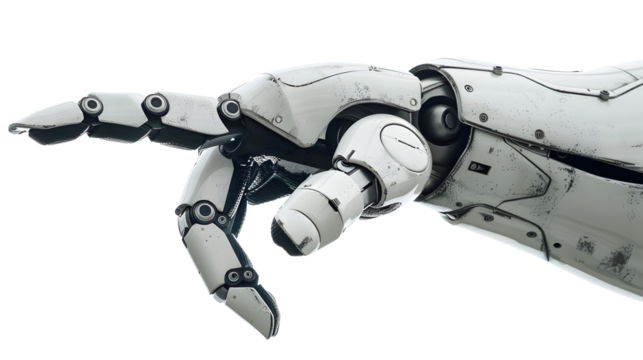 Robot hand pointing index finger, showing gesture, isolated on transparency background. technology of artificial intelligence , PNG cut out