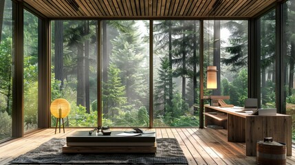 Fototapeta premium Rustic Charm Luxury Cabin Rental Office with Forest View and Blank Business Cards Perfect for Your Next Getaway