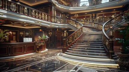 Seafaring Elegance Luxurious Cruise Ship Lobby with Business Cards Opulent Decor and Grand Staircase