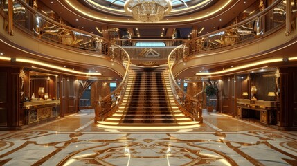 Obraz premium Seafaring Elegance Luxurious Cruise Ship Lobby with Business Cards Opulent Decor and Grand Staircase