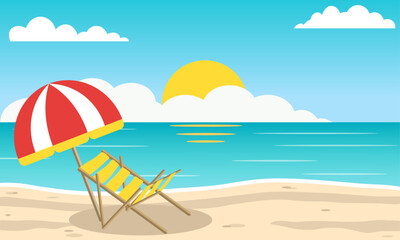 Tropical beach summer scene with a deckchair and umbrella, holiday or vacation concept with space for text