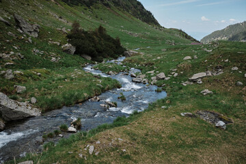 Obraz premium A beautiful natural landscape of a water source. Small waterfall on a mountain creek in the Romanian Carpathians. Transfăgărășan road in Romania.