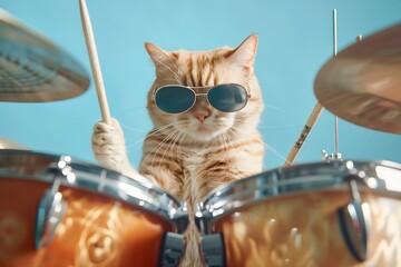A cat wearing sunglasses is playing drums. The cat is holding a drumstick in its paw and he is...