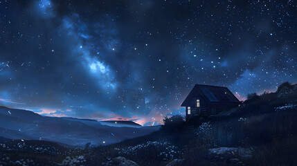 Starry Night Sky over Remote Mountain Cabin