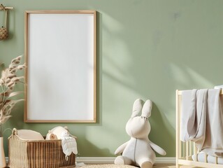 A white framed picture hangs on a green wall. A stuffed rabbit sits on the floor next to the picture