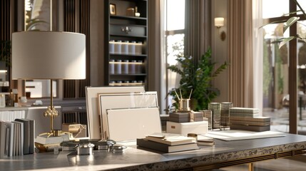 Fototapeta premium Exquisite Interior Design Showcase Elegant Business Cards on Luxurious Console Table with Home Decor Swatches HighEnd Showroom Concept