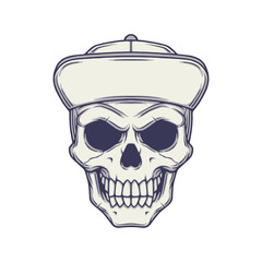 Skull head with baseball cap illustration. Cartoon skull wearing a hat vector. Isolated on white background.
