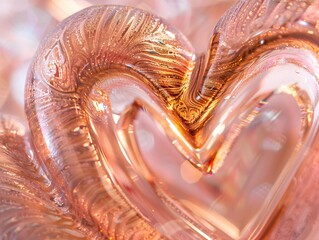 A heart made of glass is shown in a pinkish hue. The heart is surrounded by a blurry background, giving it a dreamy and ethereal appearance