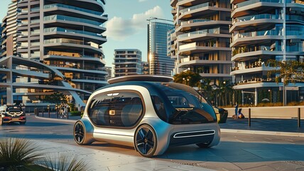 近未来の都市を走る自動運転の車