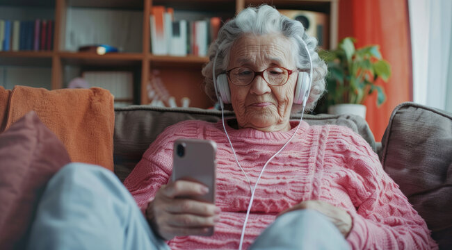 Elderly woman relaxing on the sofa, listening to music with headphones and holding an iPhone in her hand, enjoying leisure time at home
