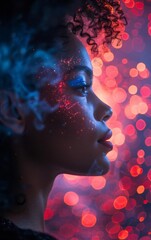 Fototapeta premium A woman's profile with glowing blue and red light and bokeh lights in the background.