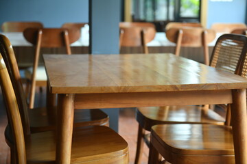 wooden tables and chairs, empty tables, empty space