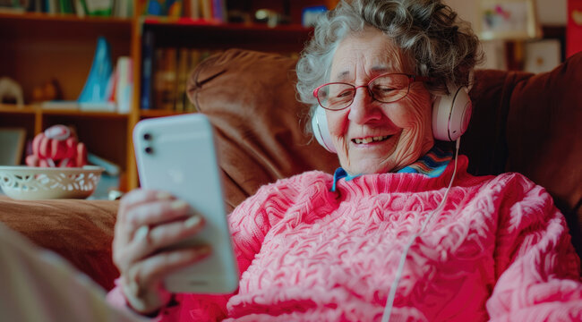 Elderly woman relaxing on the sofa, listening to music with headphones and holding an iPhone in her hand, enjoying leisure time at home