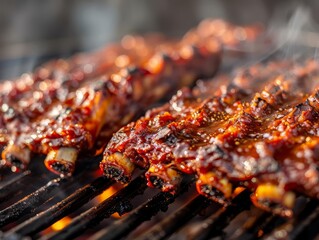 Close-up of juicy ribs grilling on a barbecue, with smoke rising.