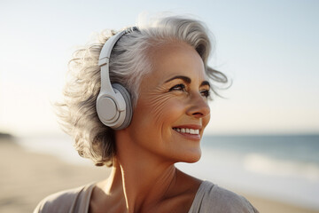 AI generated photo of happy laughing tourist woman enjoying summer vacation at the beach travel life style