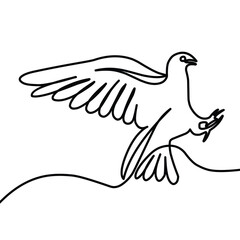 Obraz premium Continuous line drawing of flying up dove. Bird symbol of peace and freedom in simple linear style. Mascot concept for national labor movement icon isolated on white. Line art vector illustration