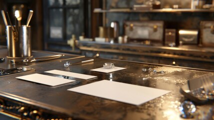 Exquisite Craftsmanship Luxury Jeweler's Workbench with Diamonds Gold Bars and Fine Jewelry Tools Business Card Mockup and Copy Space for Your Branding Design