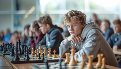 Teenage Boy Competing in School Chess Tournament Focused and Determined