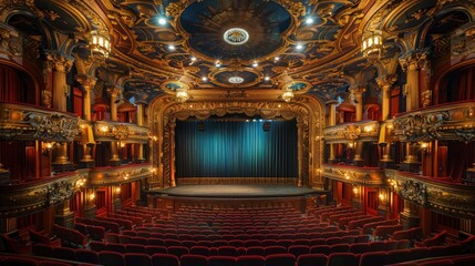 Obraz premium 1920s silent film theater, with ornate gold details and monochrome screen