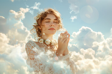 A beautiful woman, eyes closed, holds a crystal ball delicately in her hands. She wears a white lace dress with flowers and beads around her neck, set against a backdrop of clouds.