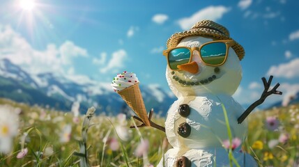 a snowman with sunglasses and a witch hat eats ice cream, the ice cream is in his wooden sticky hands, he is in the alps in summer in the grass, realistic photo