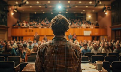 Obraz premium Speaker Addressing a Full Auditorium in an Academic Lecture Setting