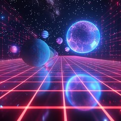 4D render planets in space set against