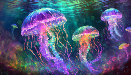 Obraz premium A group of jellyfish swim gracefully beneath water sunlit surface