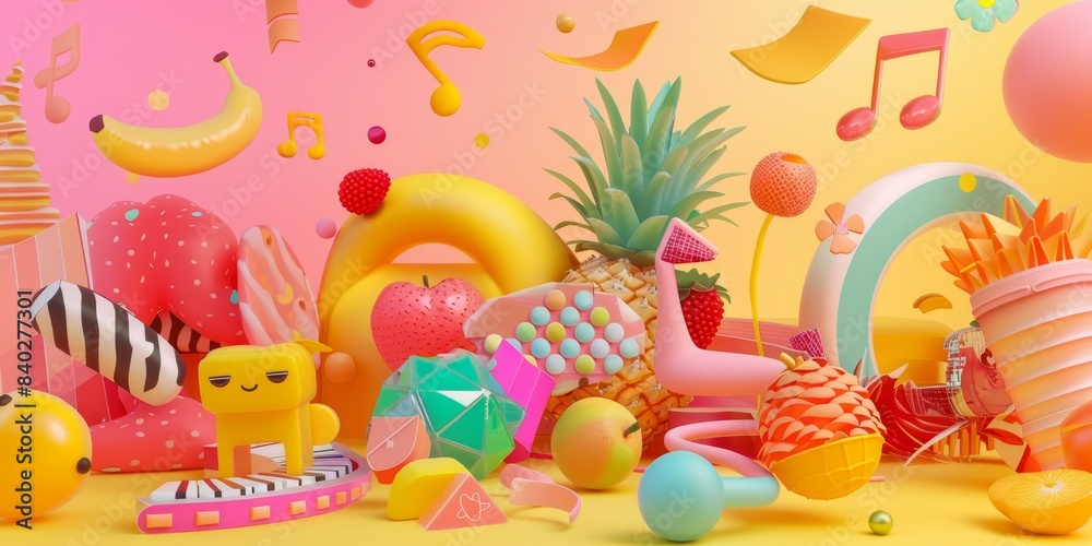 Aufkleber colorful d-shaped objects and fruit in a playful 3d design