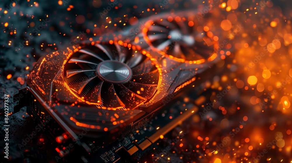 Fototapete close up of an gaming graphics card with fans, fire and sparks flying around it. overheating gpu har