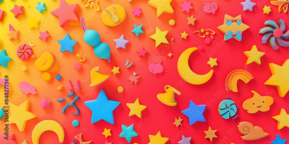 Poster colorful 3d stars and shapes on a red and yellow gradient background