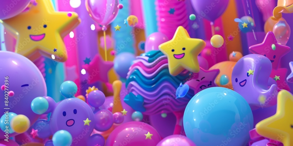 Aufkleber Brightly Colored 3D Shapes and Characters in a Playful Setting