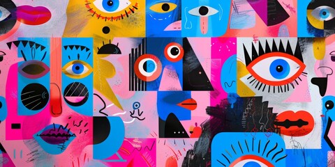 Abstract Cartoonish Faces Collage With Bold Colors and Geometric Shapes