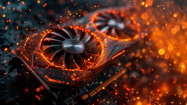 Close up of an gaming graphics card with fans, fire and sparks flying around it. Overheating gpu hardware after overclocking. Graphic card service concept.