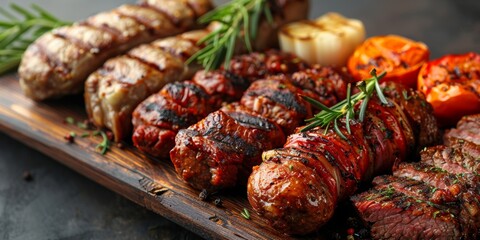A sumptuous barbecue feast with various meats cooked over smoky flames on a rustic wooden board.