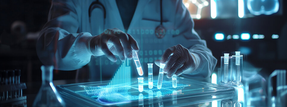a scientist is holding test tubes and making scientific Jos offering in the laboratory, with holographic projection display of medical data on her hand