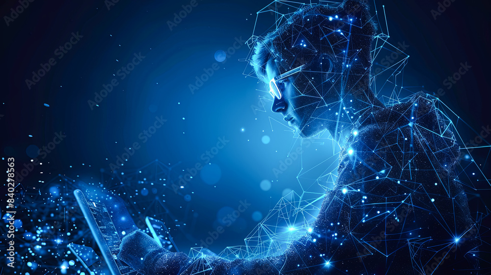 Poster conceptual background image with man in virtual helmet using tablet pc