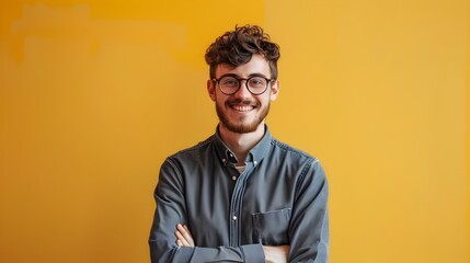 Obraz premium Confident Young Professional Smiling at the in a Vibrant Office Setting