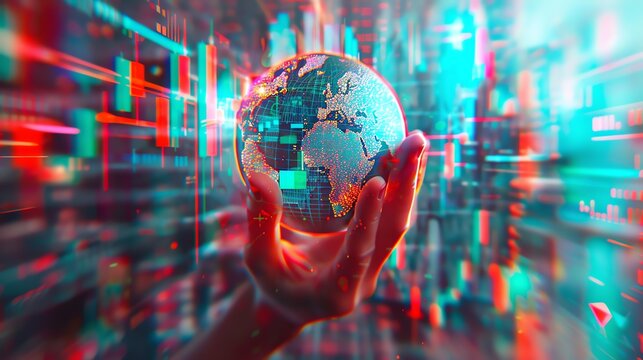 anaglyphic holographic of A stylized image of a hand holding a globe, with statistical graphs representing global investment opportunities emerging from the globe, symbolizing the interconnectedness