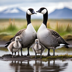 Fototapeta premium barnacle goose family branta leucopsis jokulsarloniceland three young geese and mother green grass landscape background generate ai,
