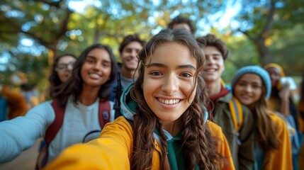Fototapeta premium Multiracial students taking selfie in front of an university campus