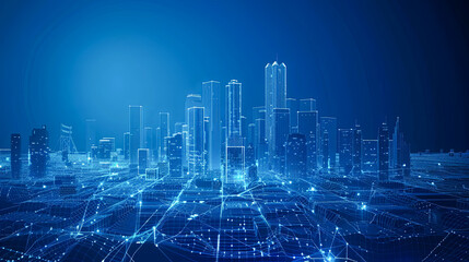 Obraz premium Abstract city with wireframe mesh on blue background. Vector illustration.
