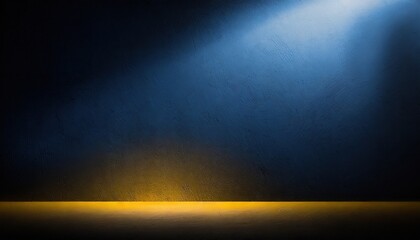 An empty dramatic scene with a dark blue wall and desaturated yellow light from the side.