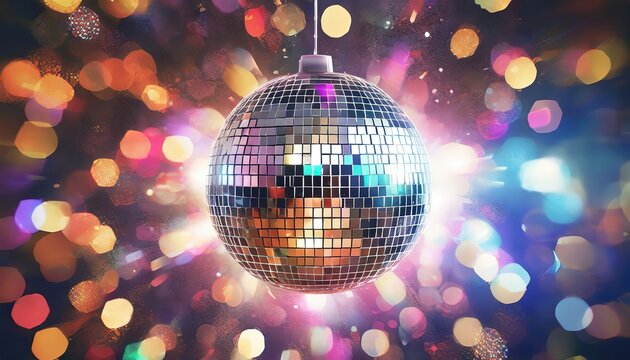 A disco ball with vibrant lights reflecting in the background.
