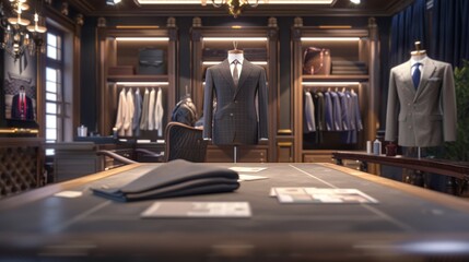 Exquisite Tailor's Fitting Room Bespoke Suits Fabric Swatches and Business Cards