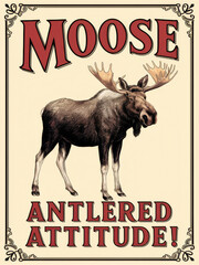 A vintage-style poster featuring a majestic moose with large antlers, accompanied by bold text: "MOOSE" on top and "ANTLERED ATTITUDE!" below, all framed with decorative borders.