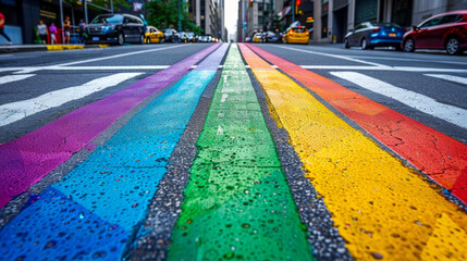 Low angle view of colorful gay pride flag painted onto a pedestrian road crossing in a city