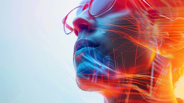 Heat exchanger holographic of A surreal portrait of a businessperson, with a statistical graph morphing into their face, showing the interconnectedness of individuals and the market, Leading lines,