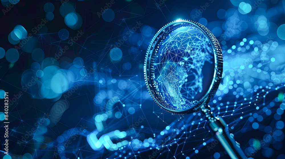 Poster magnifying glass with digital binary code on blue background 3d rendering