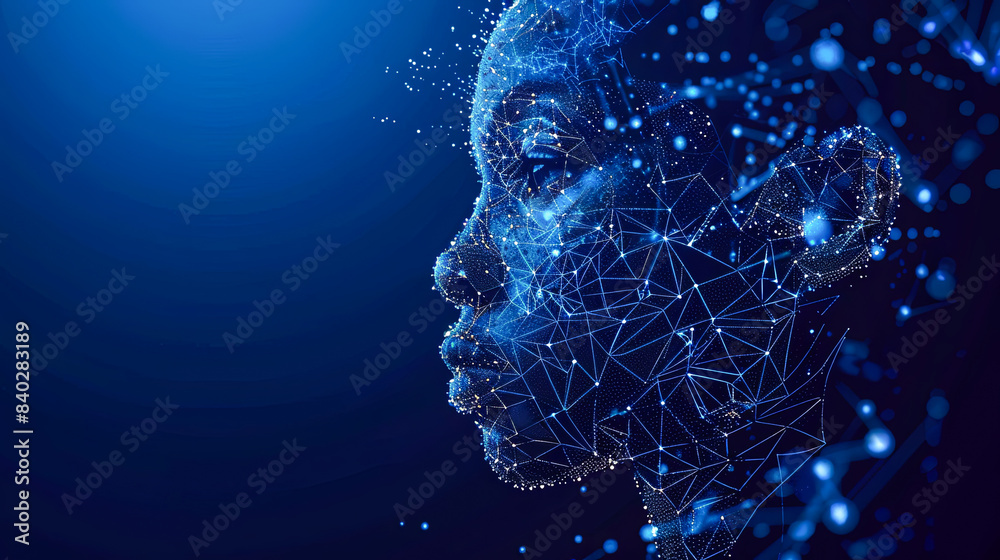 Poster abstract digital human face profile on dark blue background with glowing nodes and lines representin